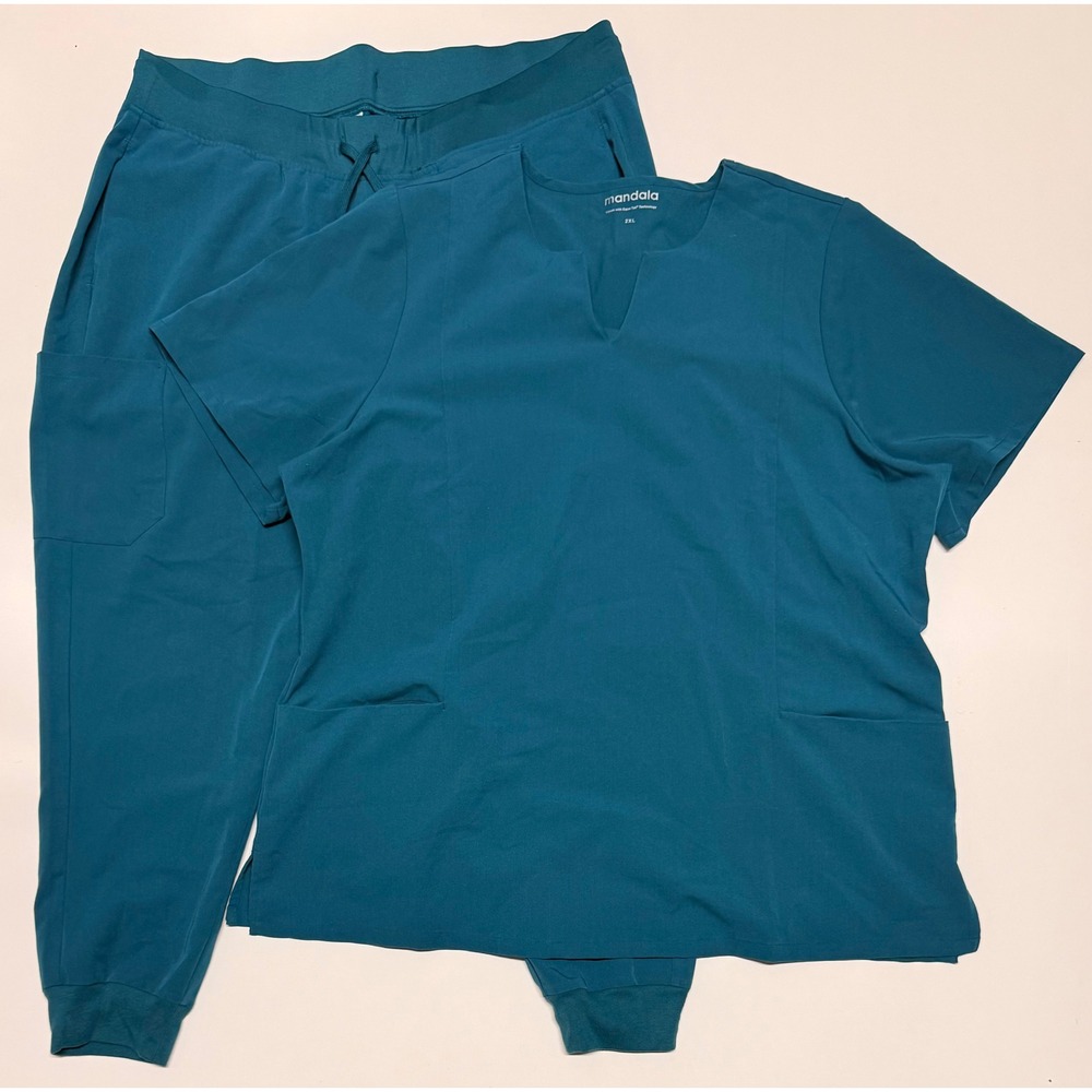 Mandala Teal Blue Scrub Set Notch Neck Top 2XL Jogger Pants XL Petite Womens